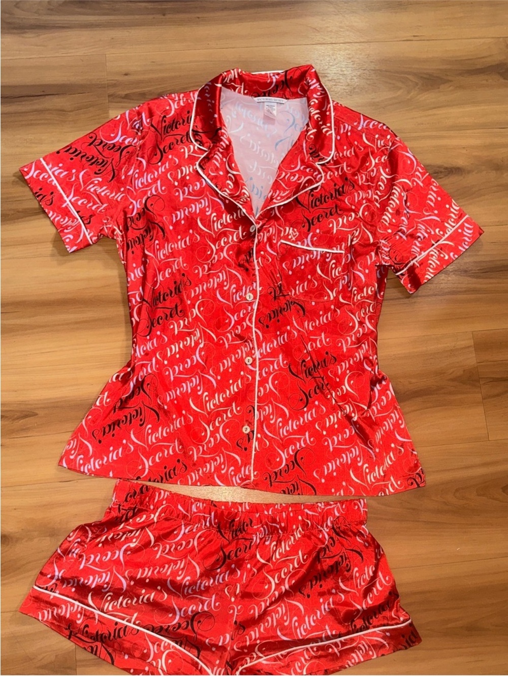 Victoria's Secret Red Satin Short Sleeve Pajama Set with Script Print